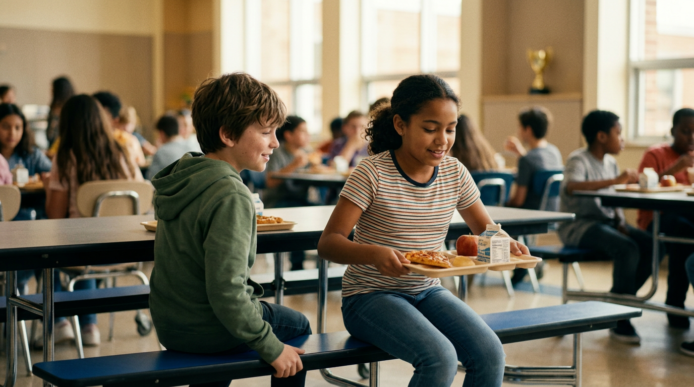 Two students sit together during lunch in a busy school cafeteria